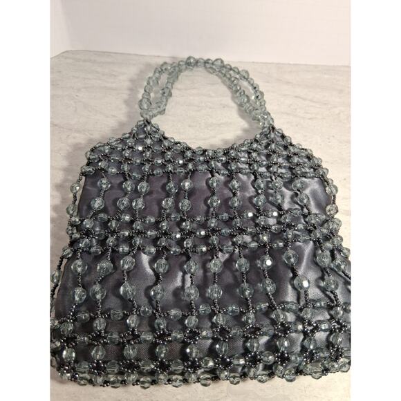 Vintage Small Gray Satin Bag with Beaded Design, Short Hand Beaded Straps. - Picture 1 of 3